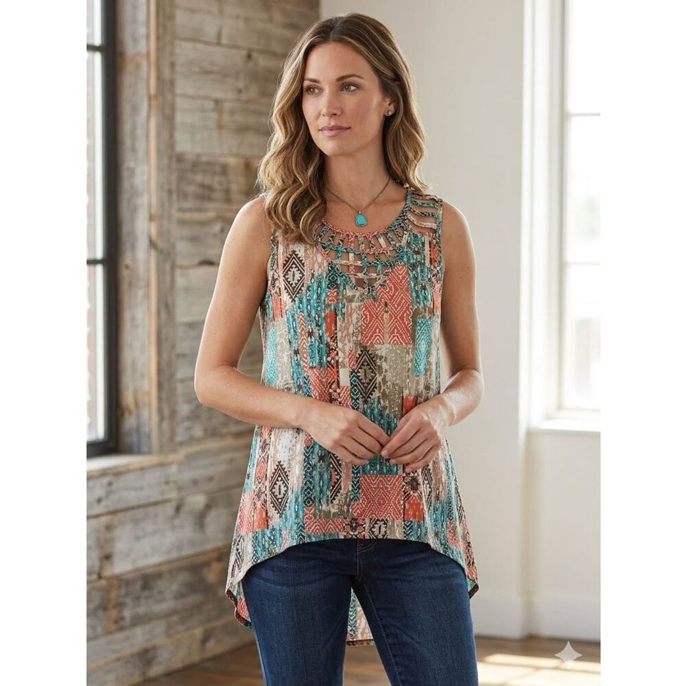 New Directions Western Colorful Patchwork Tank Top